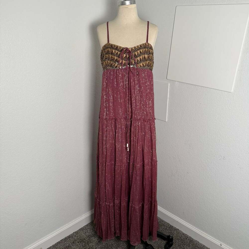 Altar'd State Maxi Dress Plum Metallic Beaded Boho